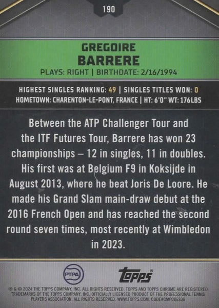 Topps 2024 Graphite Tennis Gregoire Barrere Blue Refractor Parallel Chrome /50