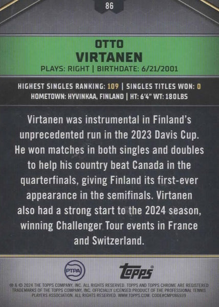 Topps 2024 Graphite Tennis Otto Virtanen Blue Refractor Parallel Chrome Card /50