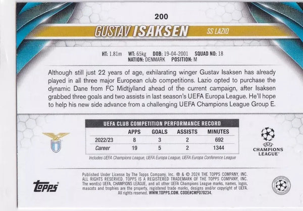 Topps Chrome Hobby UCC Champions League 23/24 Gustav Isaksen Lazio Card #200