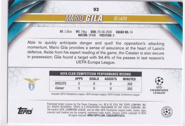Topps Chrome Hobby UCC Champions League 23/24 Mario Gila All Star Rookie Card