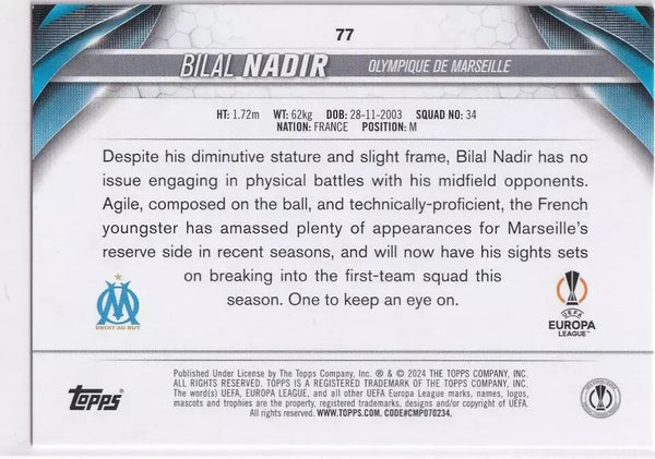 Topps Chrome Hobby UEFA Club Competitions 23/24 Bilal Nadir Marseille Card #77