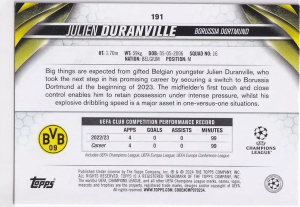Topps Chrome Hobby UCC Champions League 2023/24 Julien Duranville Dortmund Card