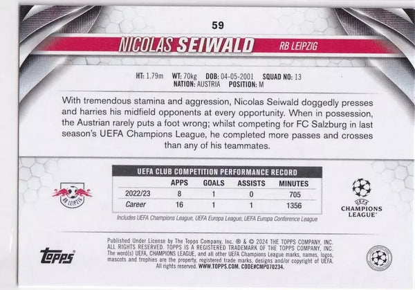 Topps Chrome Hobby UCC Champions League 23/24 Nicolas Seiwald RB Leipzig Card