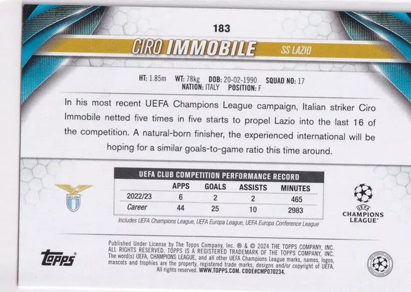 Topps Chrome Hobby UCC Champions League 23/24 Ciro Immobile Lazio Card #183