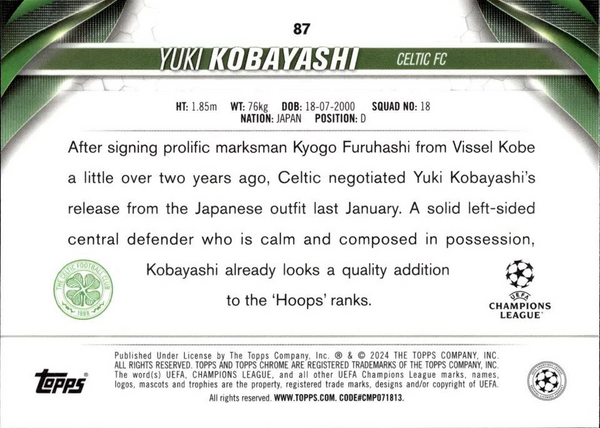 Topps Chrome Hobby UCC Champions League 23/24 Yuki Kobayashi Celtic Card #87