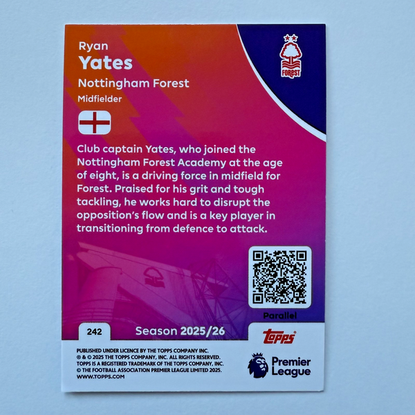 Topps Premier League 25/26 Ryan Yates Purple Parallel Nottingham Forest /199