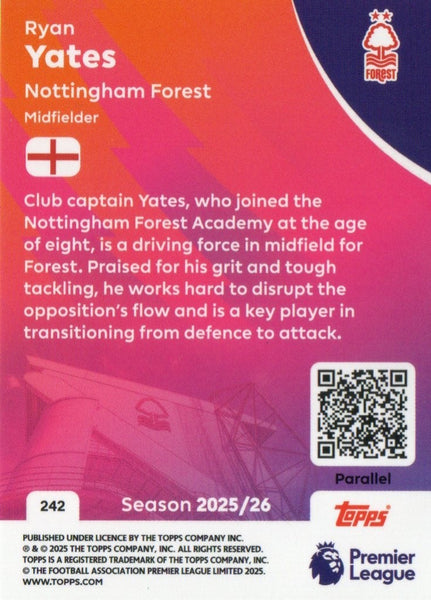 Topps Premier League 25/26 Ryan Yates Purple Parallel Nottingham Forest /199