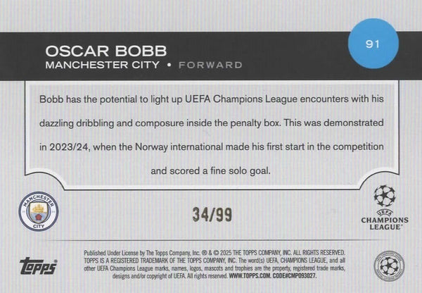 Topps UCC Flagship 2024/25 Oscar Bobb Manchester City UEFA Club Card 34/99