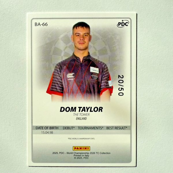 Panini 2026 PDC Dom Taylor Base Red Parallel /50 Darts World Championship Card