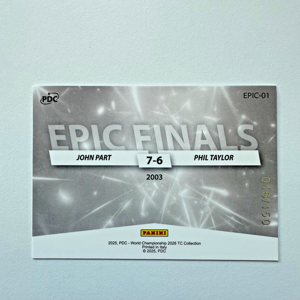 Panini 2026 PDC John Part Phil Taylor Epic Finals /150 Darts Trading Card