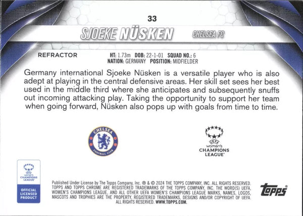 Topps Chrome Women’s UCL 2023/24 Sjoeke Nusken Chelsea RC Refractor #33