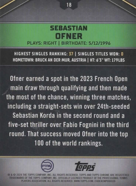 Topps 2024 Graphite Tennis Sebastian Ofner Green Parallel Refractor Card /199