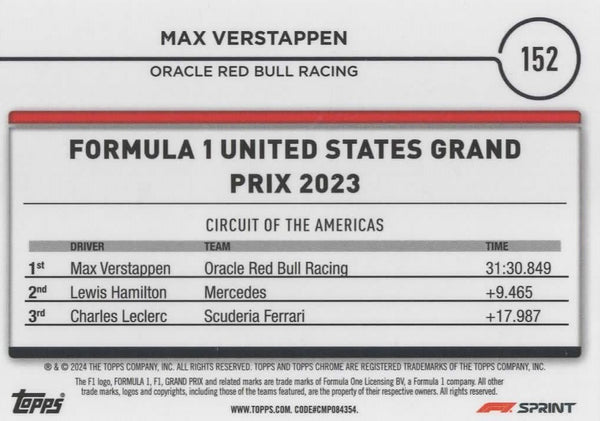 Topps Chrome Formula 1 2024 Max Verstappen F1 Sprint Winners #152 Red Bull