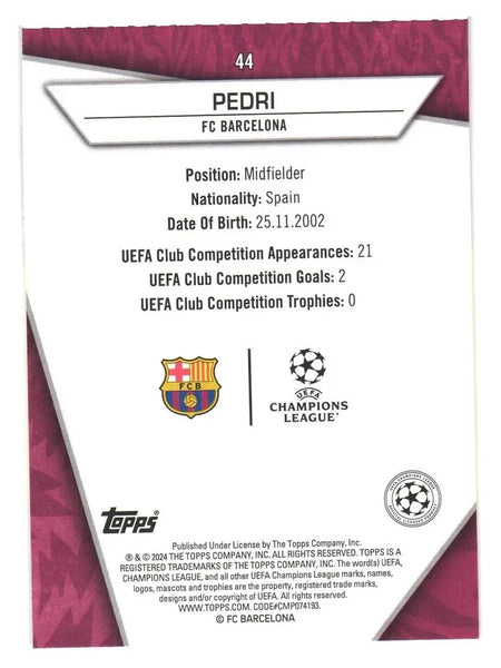 Topps Superstars 2024 Pedri Barcelona Common Card #44 UCL 23/24