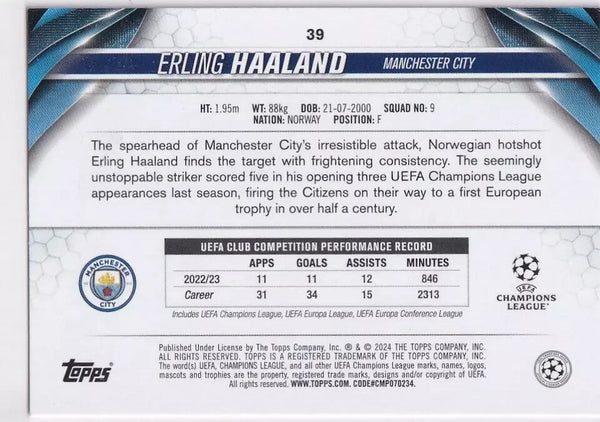 Topps Chrome UEFA 2023/24 Erling Haaland Manchester City Card #39 UCC