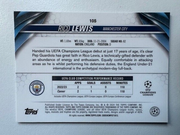 Topps Chrome UEFA 2023/24 Rico Lewis Future Stars Manchester City #105