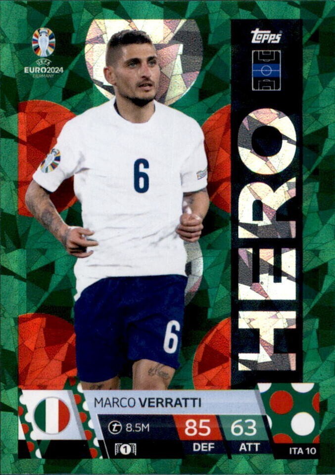 Match Attax Euro 2024 Marco Verratti Crystal Parallel Green Hero Topps Card
