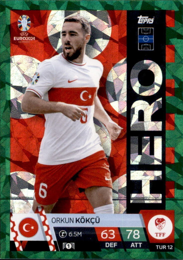 Match Attax Euro 2024 Orkun Kökcü Turkey Crystal Parallel Green Hero Topps Card