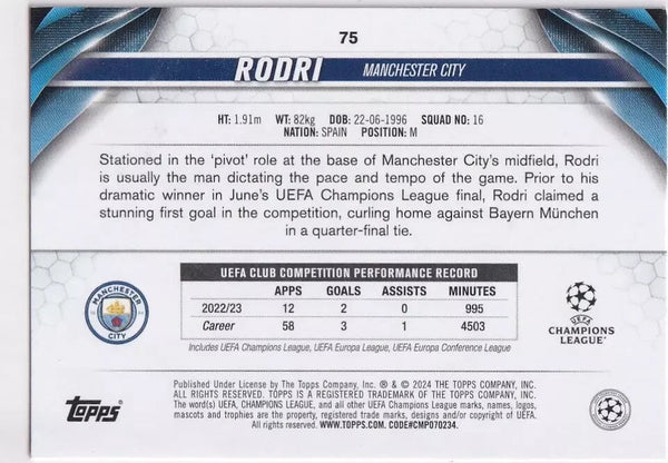 Topps Chrome Hobby UCC Champions League 23/24 Rodri Manchester City Card #75