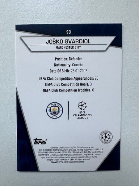 Topps UEFA Club Competitions 2024/25 Joško Gvardiol Uncommon Man City Card #90