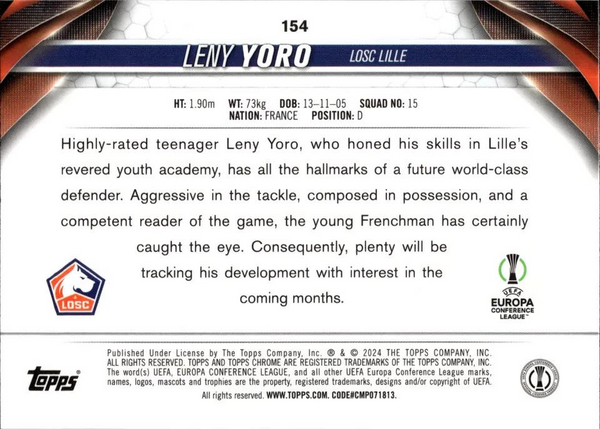 Topps Chrome Hobby UCC Champions League 23/24 Leny Yoro Lille Card #154