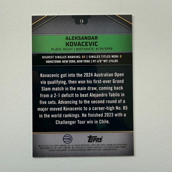 Topps 2024 Graphite Tennis Aleksandar Kovacevic Green Rookie Chrome /199