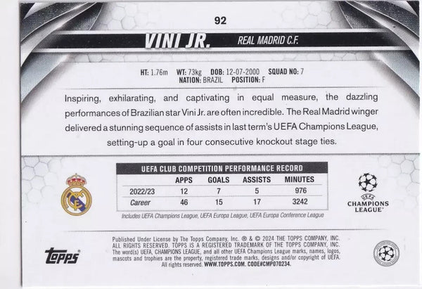 Topps Chrome Hobby UCC Champions League 2023/24 Vini JR. Real Madrid Card #92