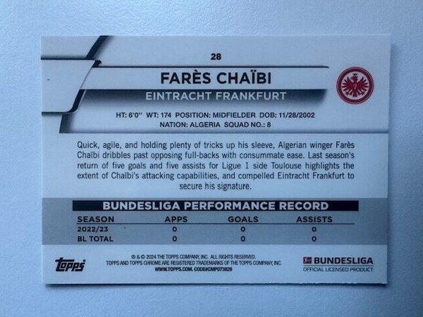 Topps Chrome Bundesliga 2023/24 Fares Chaibi Eintracht Frankfurt Card #28