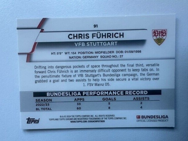 Topps Chrome Bundesliga 2023/24 Chris Fuhrich VFB Stuttgart Refractor Card #91
