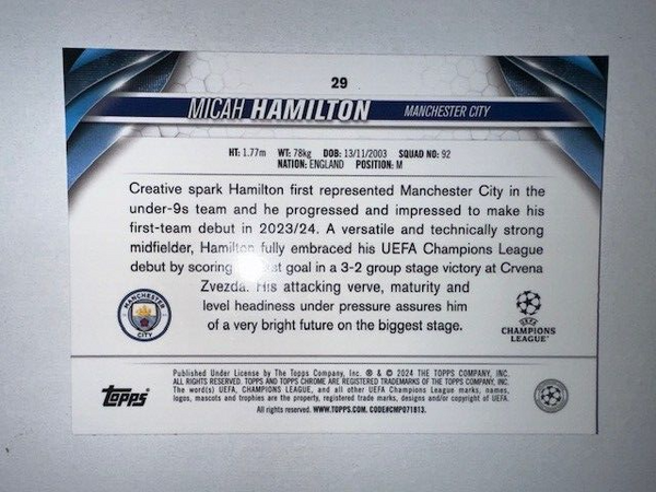Topps Chrome Hobby UEFA Club Competitions 23/24 Micah Hamilton Man City Card #29