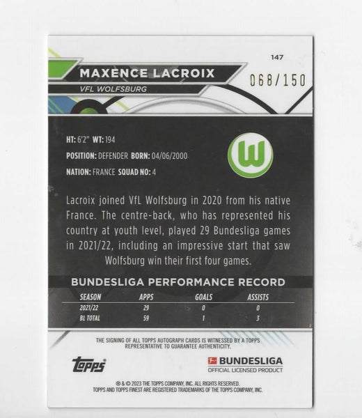 Topps Finest Bundesliga 22/23 Maxence Lacroix Autograph Auto Card /150