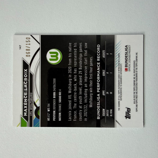 Topps Finest Bundesliga 22/23 Maxence Lacroix Autograph Auto Card /150