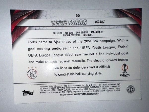 Topps Chrome Hobby UEFA Club Competitions 23/24 Carlos Forbs Ajax Card #90