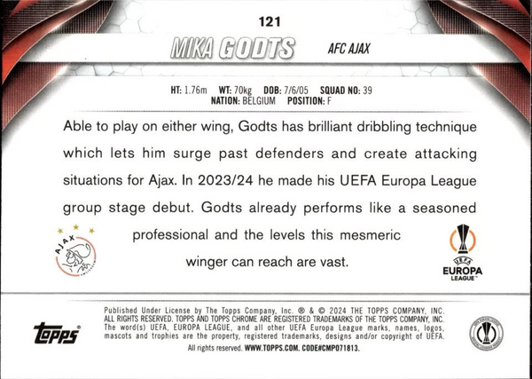 Topps Chrome Hobby UEFA Club Competitions 23/24 Mika Godts Ajax Card #121