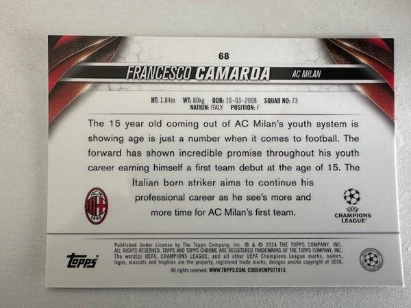 Topps Chrome Hobby UEFA Club Competitions 23/24 Francesco Camarda AC Milan #68