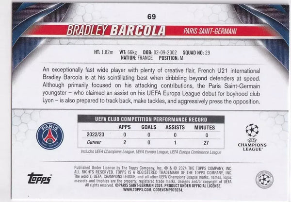 Topps Chrome Hobby UEFA Club Competitions 23/24 Bradley Barcola PSG Card #69