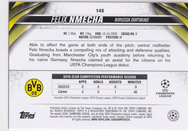 Topps Chrome Hobby UEFA Club Competitions 23/24 Felix Nmecha Dortmund Card #145