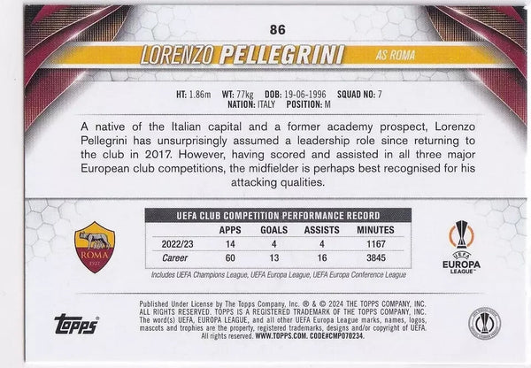 Topps Chrome Hobby UEFA Club Competitions 23/24 Lorenzo Pellegrini Roma Card #86