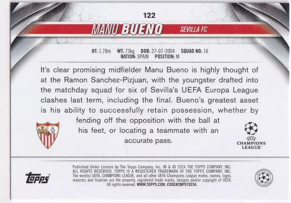 Topps Chrome Hobby UEFA Club Competitions 23/24 Manu Bueno Sevilla Card #122