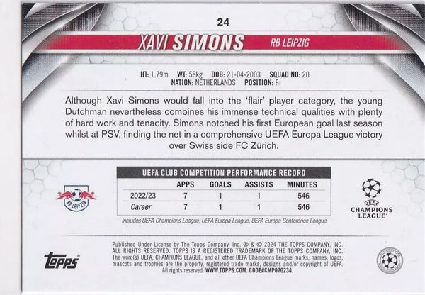 Topps Chrome Hobby UEFA Club Competitions 23/24 Xavi Simons RB Leipzig Card #127