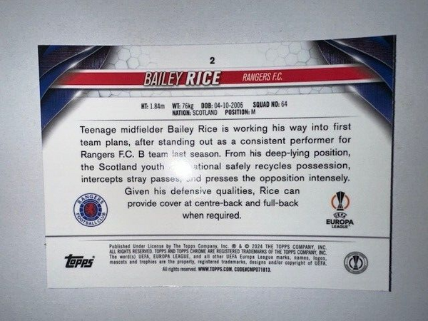 Topps Chrome Hobby UEFA Club Competitions 23/24 Bailey Rice Rangers Card #2