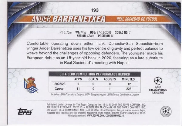 Topps Chrome Hobby UEFA Club Competition 23/24 Ander Barrenetxea Sociedad #193