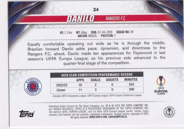 Topps Chrome Hobby UEFA Club Competition 23/24 Danilo Rangers Card #34