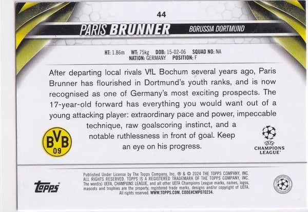 Topps Chrome Hobby UEFA Club Competitions 23/24 Paris Brunner Dortmund Card #44