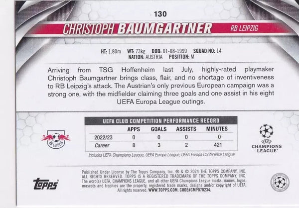 Topps Chrome Hobby UEFA Club Competition 23/24 Christoph Baumgartner Card #130