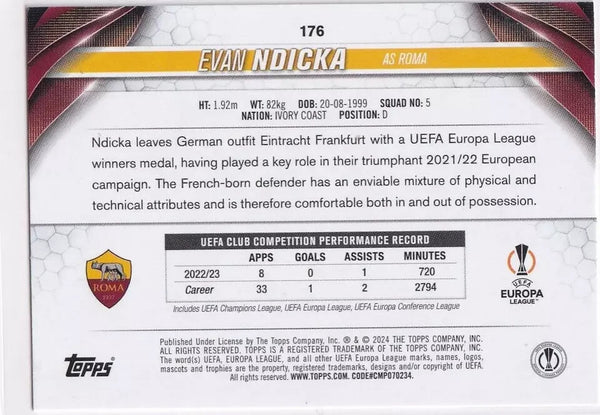 Topps Chrome Hobby UEFA Club Competitions 23/24 Evan Ndicka Roma Card #176
