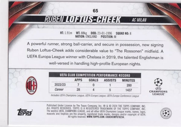Topps Chrome Hobby UEFA Club Competitions 23/24 Ruben Loftus-Cheek AC Milan #65