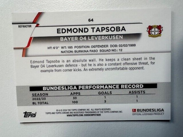 Topps Chrome Bundesliga 2023/24 Edmond Tapsoba Pink Refractor /75 Card