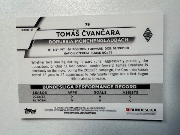 Topps Chrome Bundesliga 2023/24 Tomas Cvancara Purple Refractor /299 RC