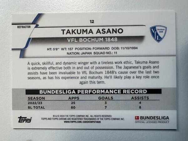 Topps Chrome Bundesliga 2023/24 Takuma Asano Bochum Purple Refractor /399 Card